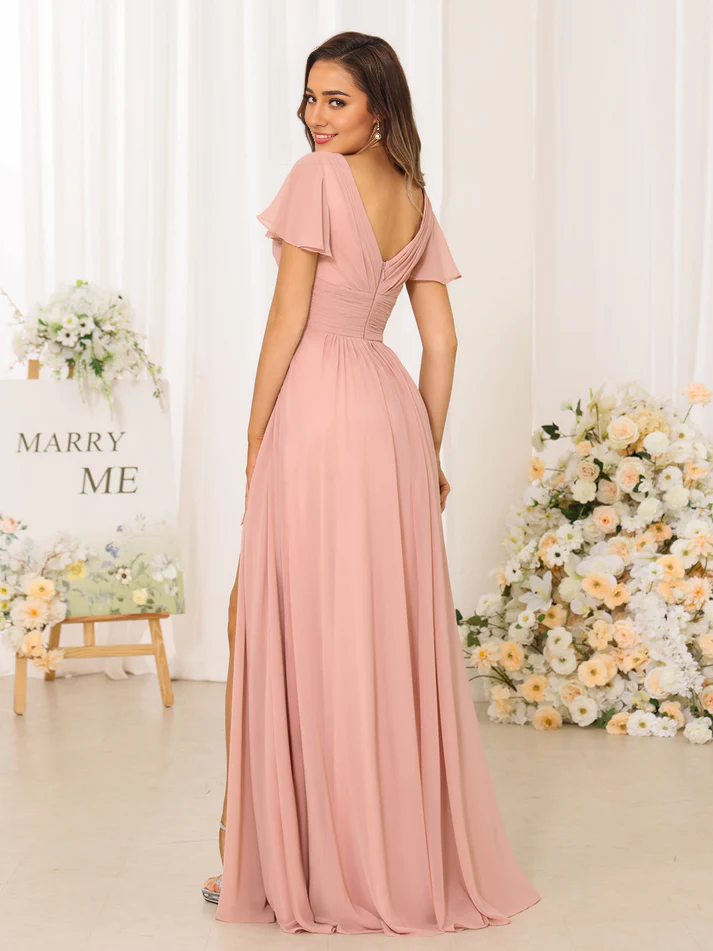 Chiffon Short-Sleeve V-Neck Ruched Bodice High-Slit A-Line Floor-Length Dusty Rose Bridesmaid Dresses