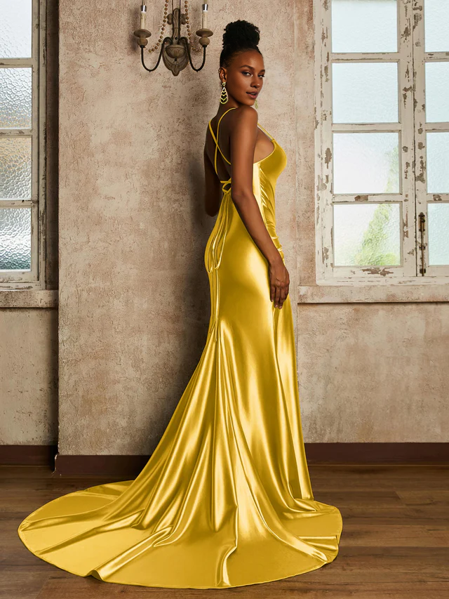 Satin Spaghetti-Strap Ruched Bodice High-Slit Sheath Train Floor-Length Bridesmaid Dresses