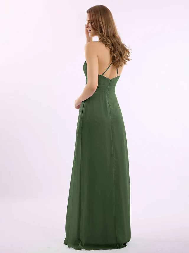 Chiffon Spaghetti-Strap Deep V-Neck A-Line Floor-Length Bridesmaid Dresses