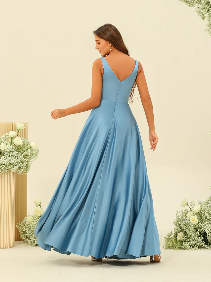 Satin V-Neck Sleeveless Ruched Bodice High-Slit A-Line Floor-Length Elegant Bridesmaid Dress