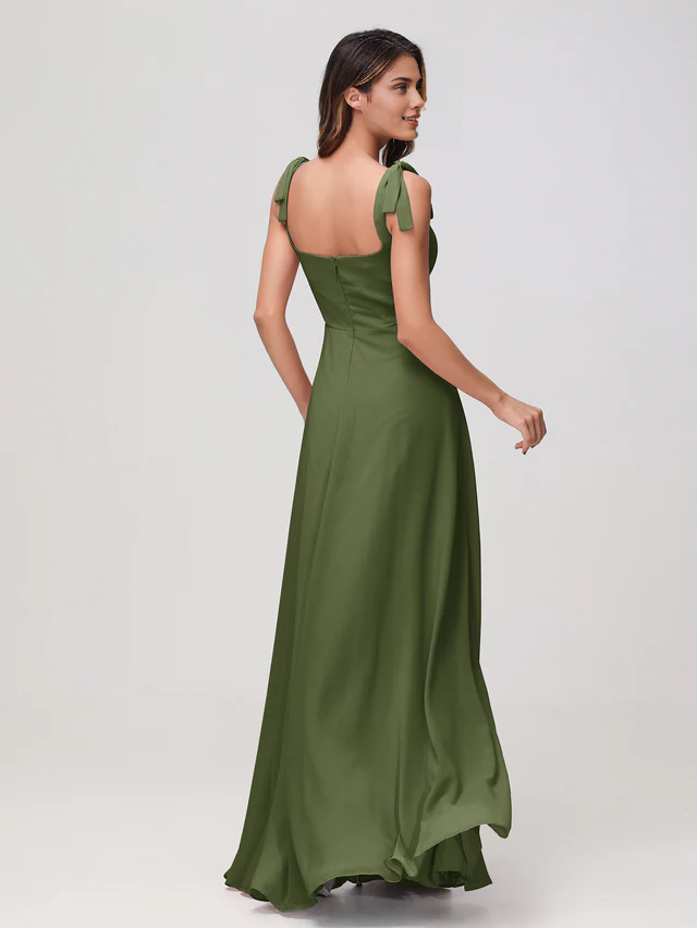 Satin Square Neck Spaghetti-Strap Ruched Bodice High-Slit Sheath Floor-Length Bridesmaid Dresses