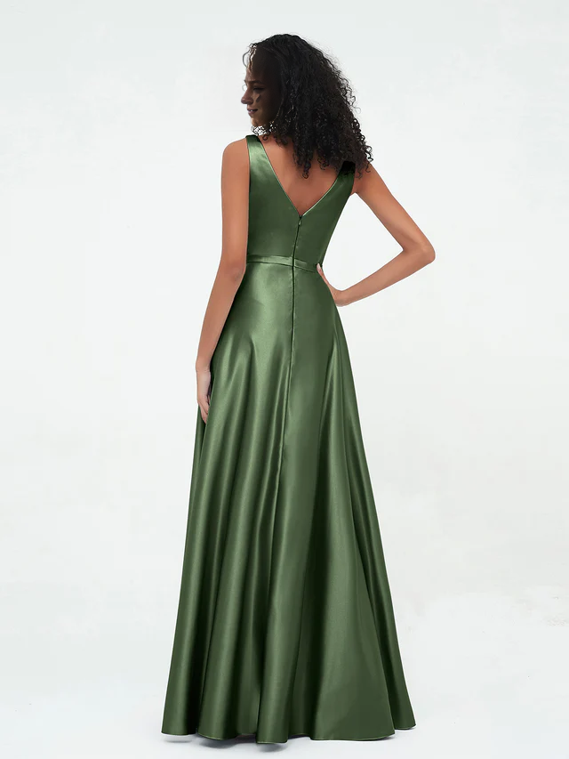 Satin Spaghetti-Strap V-Neck Ruched Bodice A-Line Floor-Length Bridesmaid Dresses
