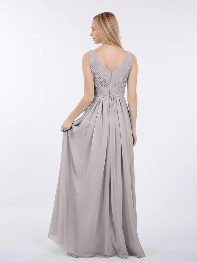 Chiffon Spaghetti-Strap V-Neck Ruched Bodice A-Line Floor-Length Bridesmaid Dresses