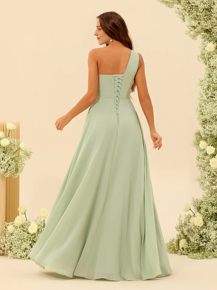 Chiffon One-Shoulder Ruched Bodice High-Slit A-Line Floor-Length Bridesmaid Dresses