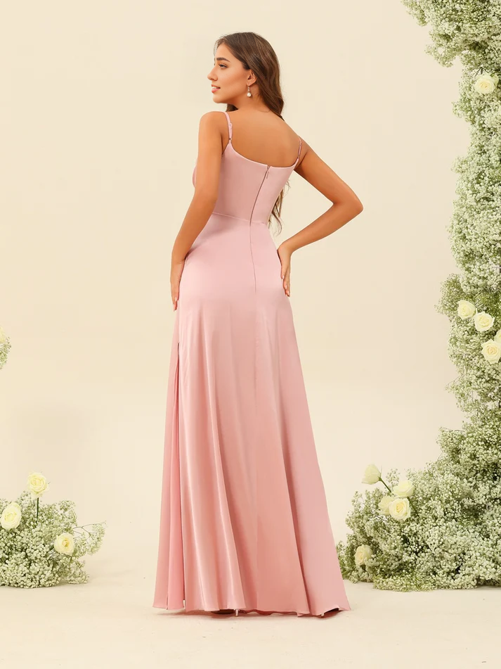 Satin Spaghetti-Strap Cowl Neck Ruched Bodice High-Slit Mermaid Floor-Length Blush Pink Bridesmaid Dresses