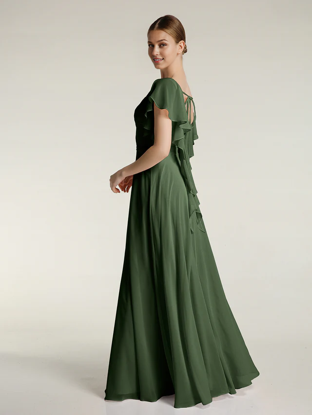 Chiffon Flutter-Sleeve V-Neck Ruched Bodice A-Line Floor-Length Bridesmaid Dresses
