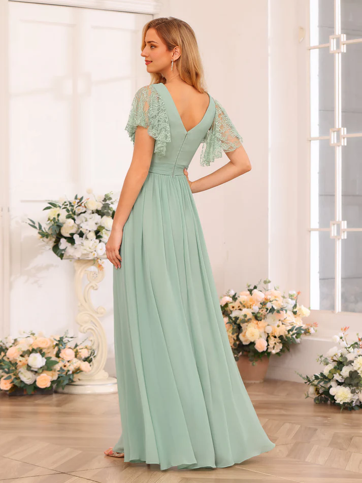 Chiffon One-Shoulder Flutter Sleeve Ruched Bodice High-Slit A-Line Floor-Length Soft Mint Bridesmaid Dresses