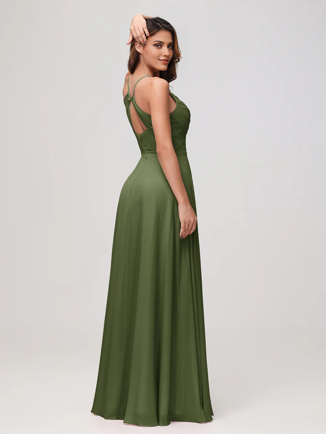 Chiffon Spaghetti-Strap Sweetheart Neckline Ruched Bodice High-Slit A-Line Floor-Length Bridesmaid Dresses