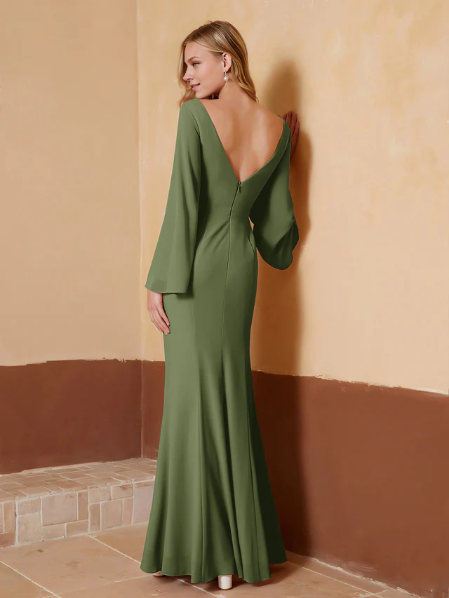 Chiffon Bell-Sleeve Deep V-Neck Ruched Bodice Sheath Floor-Length Bridesmaid Dresses