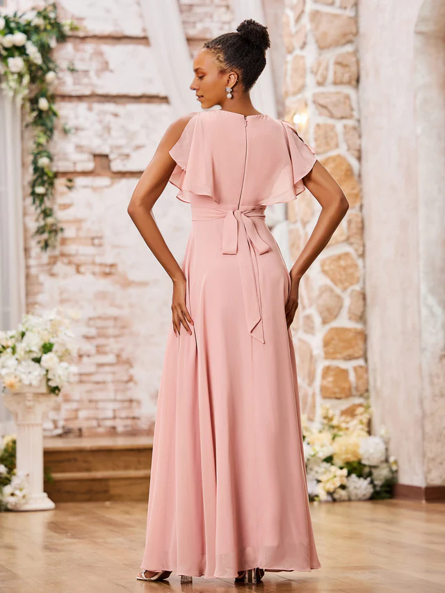 Chiffon Flutter-Sleeve V-Neck Ruched Bodice A-Line Floor-Length Bridesmaid Dresses