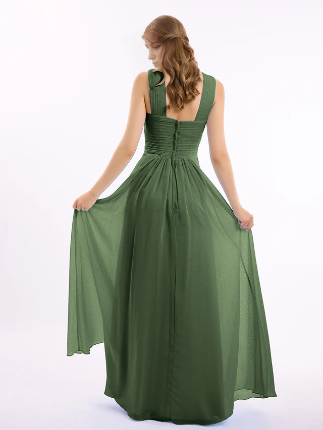 Chiffon Cross-Back Sleeveless Ruched Bodice A-Line Floor-Length Bridesmaid Dresses