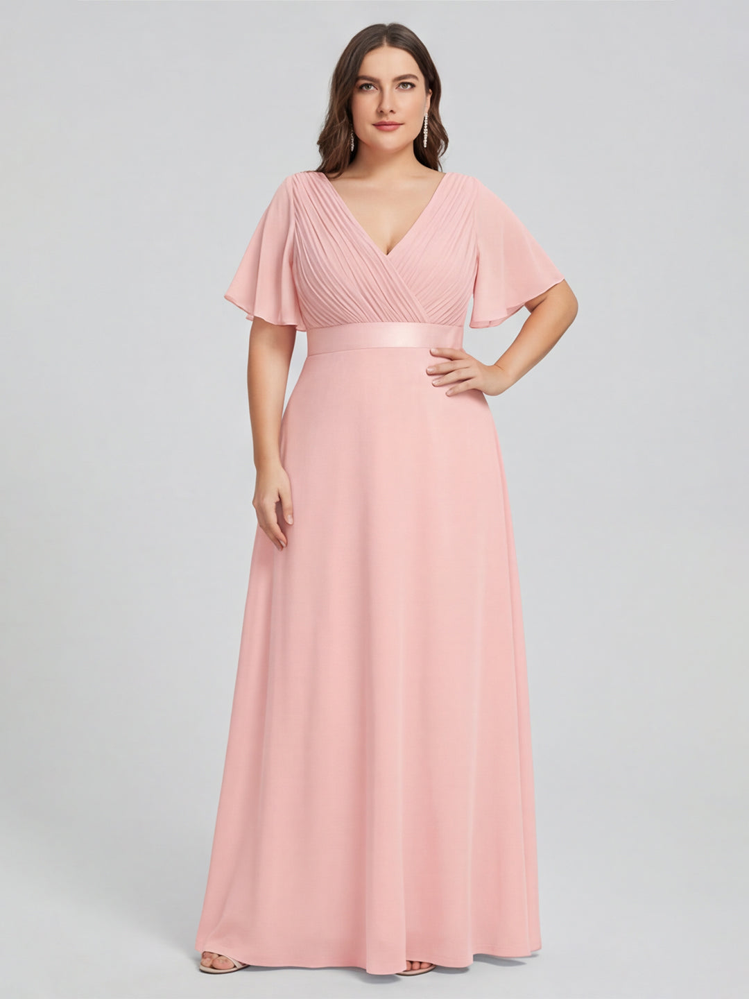 Coquette Petal Chiffon A-Line V-Neck V-Back Ankle-Length Plus Size Bridesmaid Dress