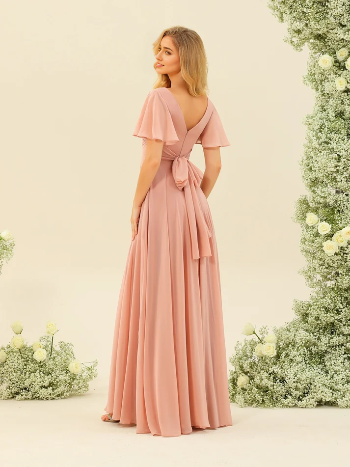 Chiffon Flutter-Sleeve V-Neck Ruched Bodice Tiered A-Line Floor-Length Dusty Rose Bridesmaid Dresses