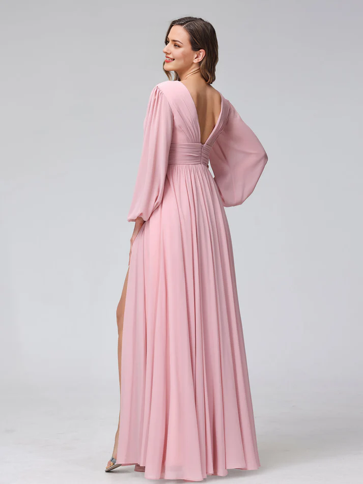 Chiffon Long-Sleeve Deep V-Neck Ruched Bodice High-Slit A-Line Floor-Length Bridesmaid Dresses