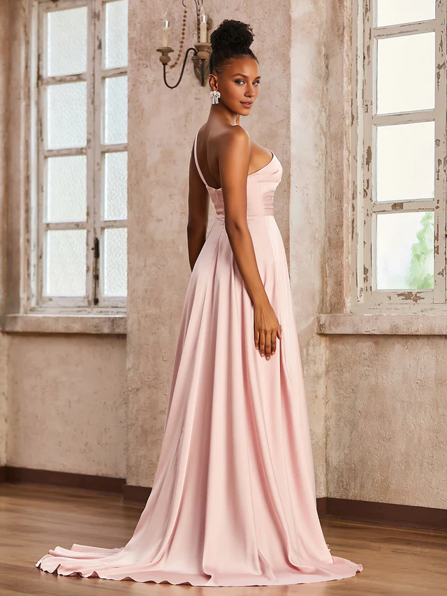Satin Spaghetti-Strap Ruched Bodice High-Slit A-Line Train Floor-Length Bridesmaid Dresses