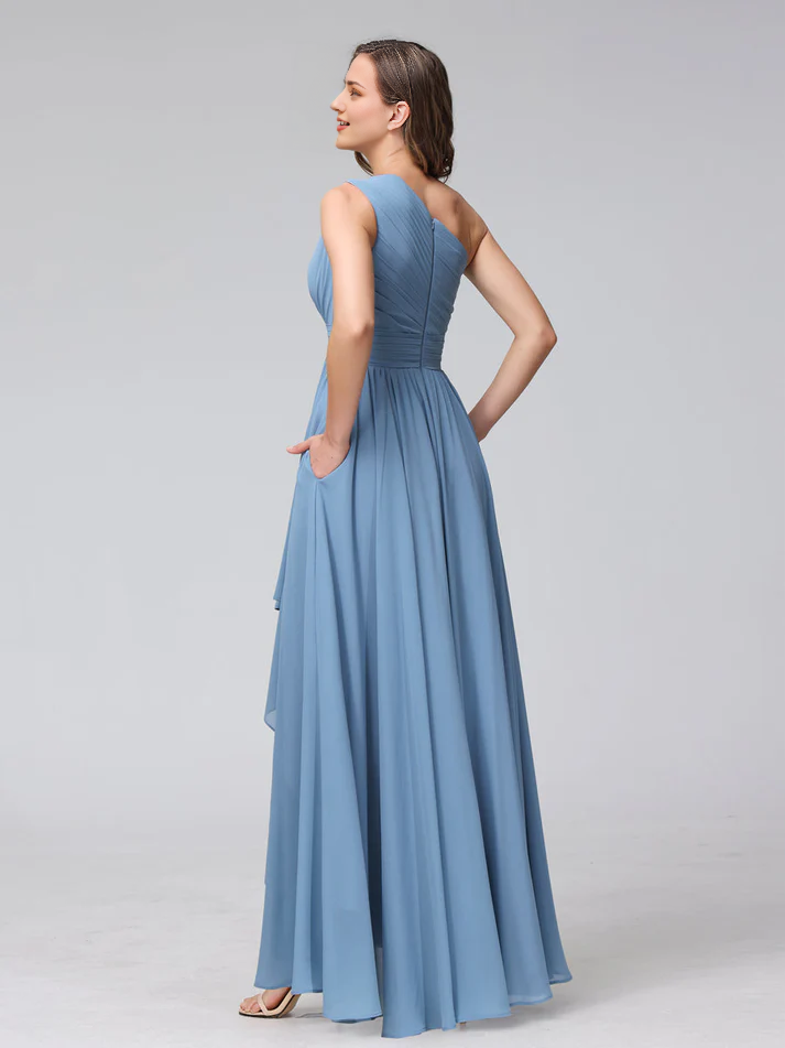 Chiffon One-Shoulder Ruched Bodice Asymmetrical High-Low A-Line Floor-Length Dusty Blue Bridesmaid Dresses