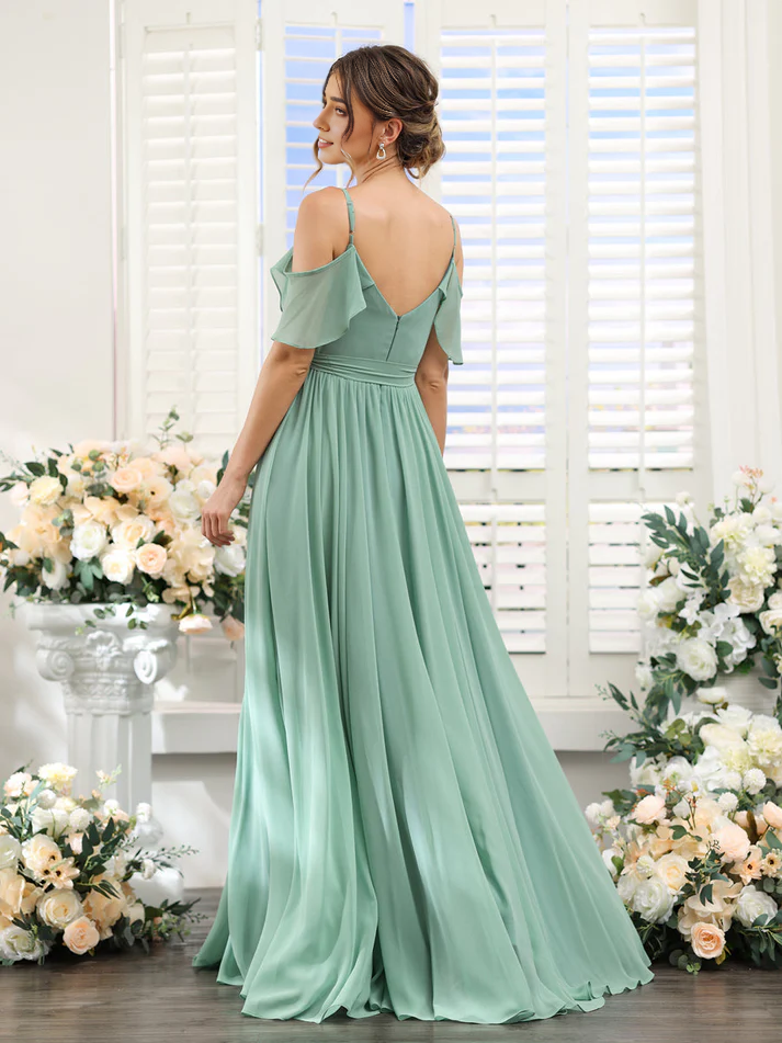 Chiffon Off-the-Shoulder Short-Sleeve Ruched Bodice High-Slit A-Line Floor-Length Elegant Bridesmaid Dress