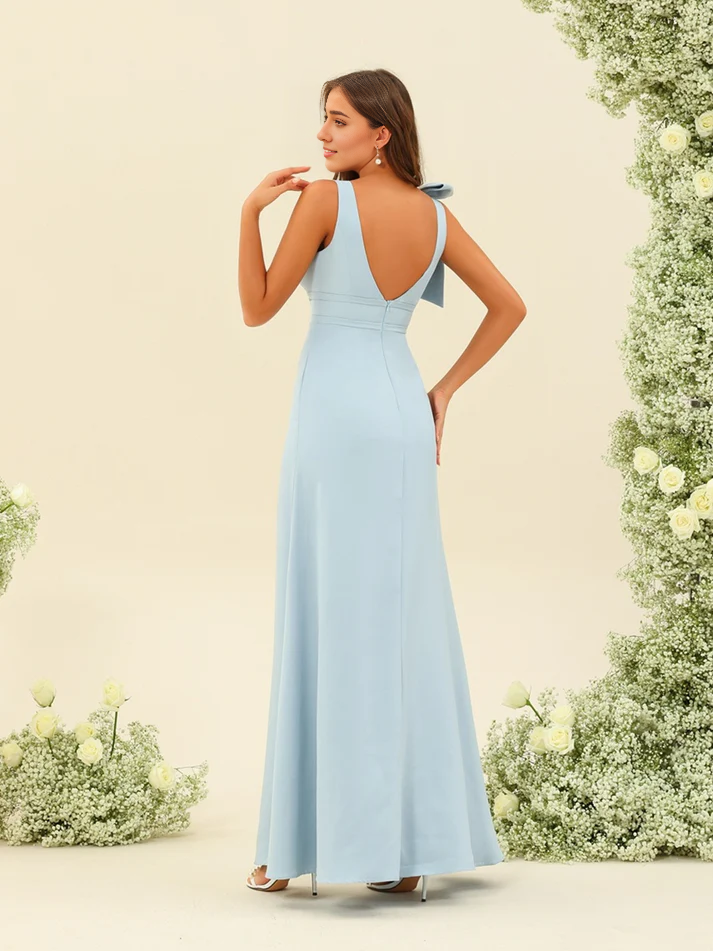 Satin V-Neck One-Shoulder Bow Detail Sheath Floor-Length Stylish Bridesmaid Dress