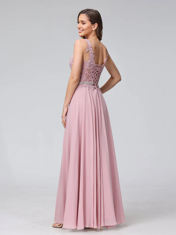 Chiffon Spaghetti-Strap V-Neck Embellished Bodice A-Line Floor-Length Elegant Bridesmaid Dress