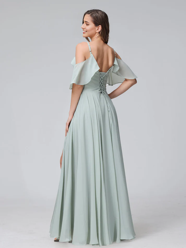 Chiffon Cold-Shoulder V-Neck Ruched Bodice High-Slit A-Line Floor-Length Romantic Bridesmaid Dress