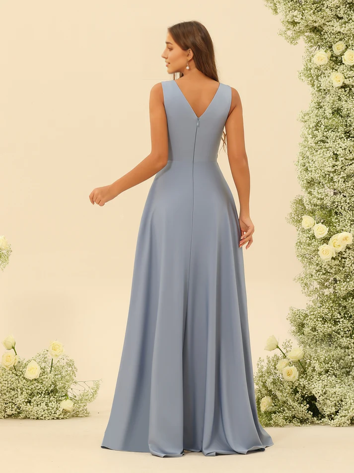 Chiffon Spaghetti-Strap Deep V-Neck Ruffled High-Low A-Line Floor-Length Dusty Blue Bridesmaid Dresses