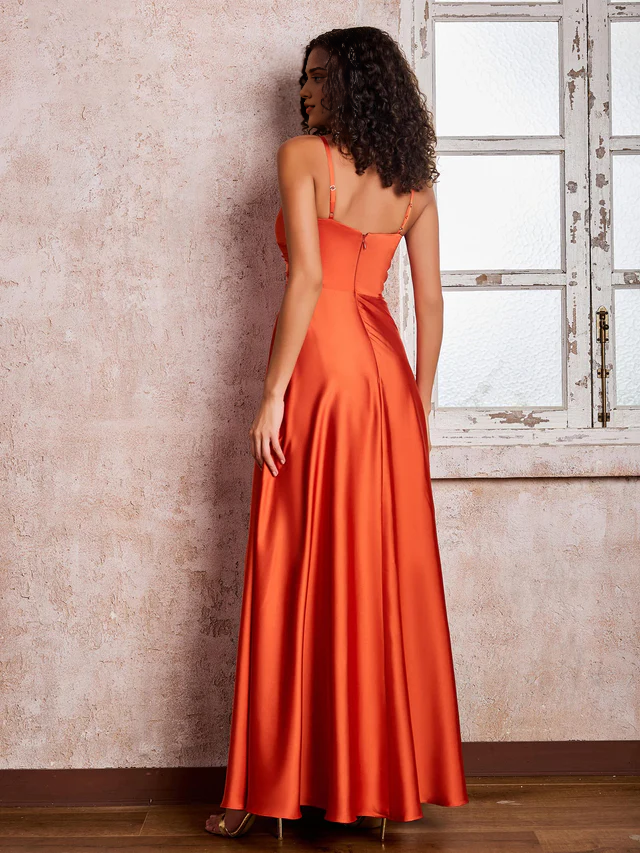 Satin Spaghetti-Strap Deep V-Neck Ruched Bodice High-Slit A-Line Floor-Length Bridesmaid Dresses
