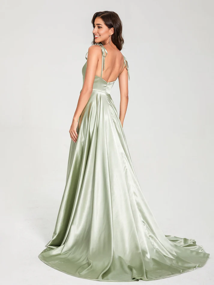 Satin Spaghetti-Strap V-Neck Ruched Bodice Train A-Line Floor-Length Luxe Bridesmaid Dress