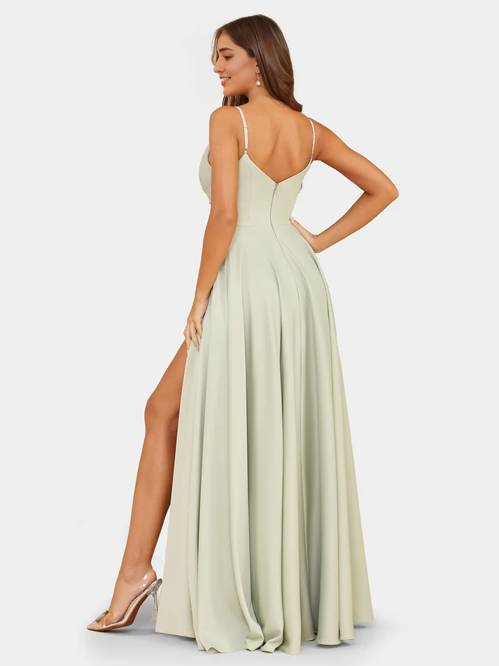 Satin Spaghetti-Strap Sweetheart Neckline Ruched Bodice High-Slit A-Line Floor-Length Chic Bridesmaid Dress