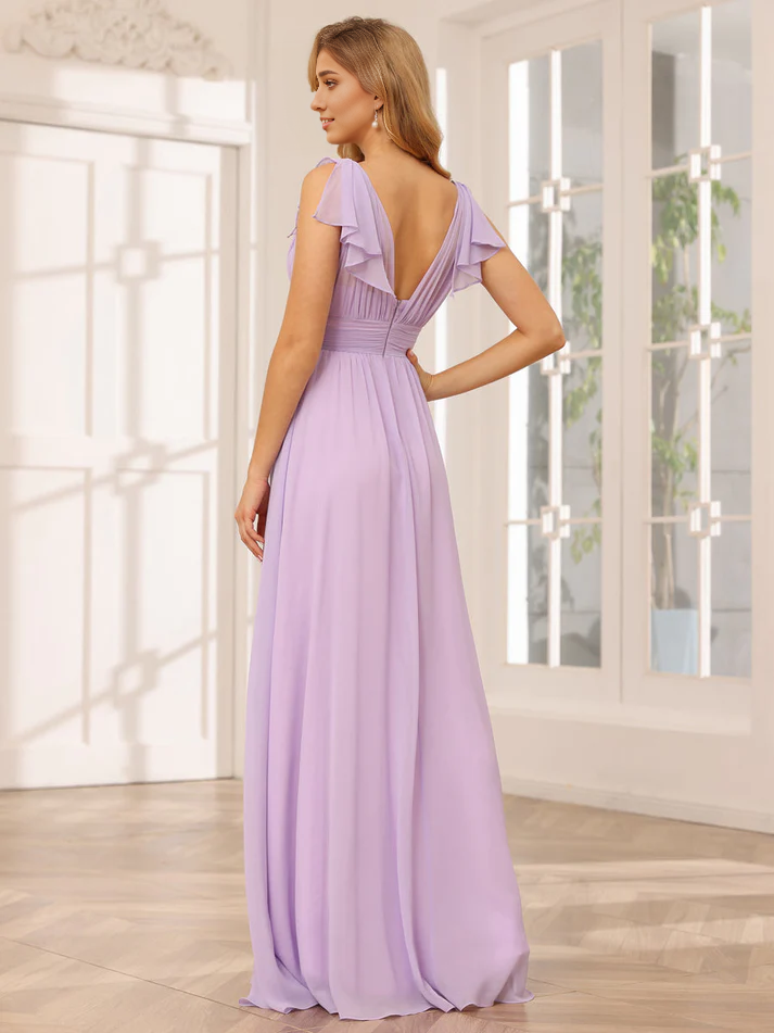 Chiffon Short-Sleeve V-Neck Ruched Bodice High-Slit A-Line Floor-Length Versatile Bridesmaid Dress