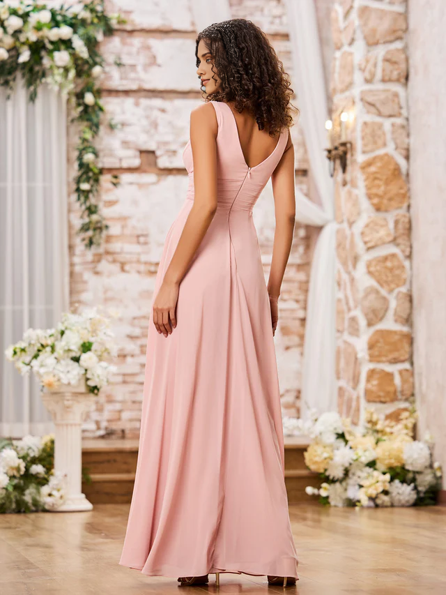 Chiffon Spaghetti-Strap V-Neck Ruched Bodice Wide-Leg Floor-Length Bridesmaid Jumpsuits