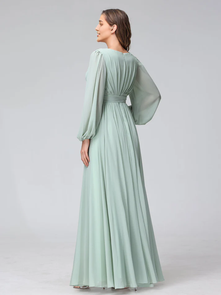 Chiffon Long-Sleeve Deep V-Neck Self-Tie Waist A-Line Floor-Length Soft Mint Bridesmaid Dresses