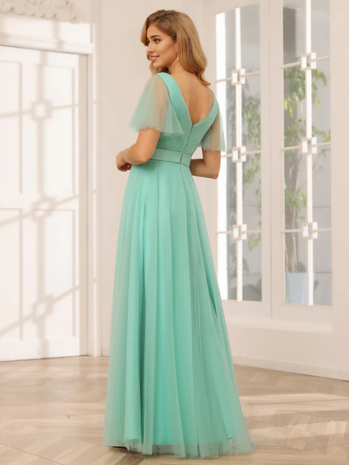 Chiffon Short-Sleeve V-Neck Belted Bodice A-Line Floor-Length Romantic Bridesmaid Dress