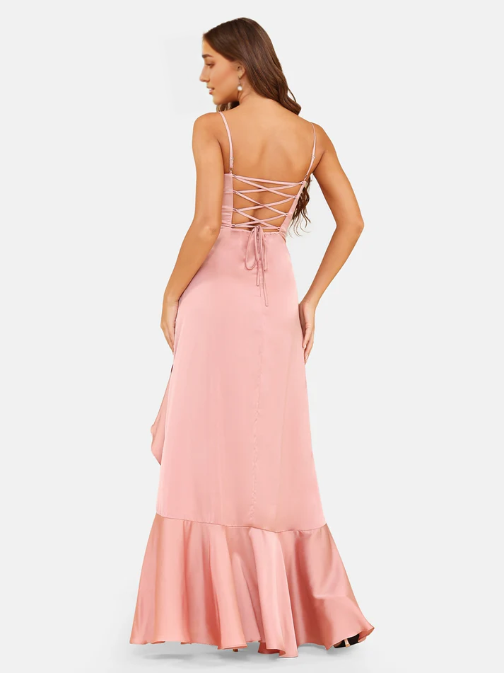 Satin Strapless Sweetheart Neckline Ruffled High-Low A-Line Floor-Length Blush Pink Bridesmaid Dresses