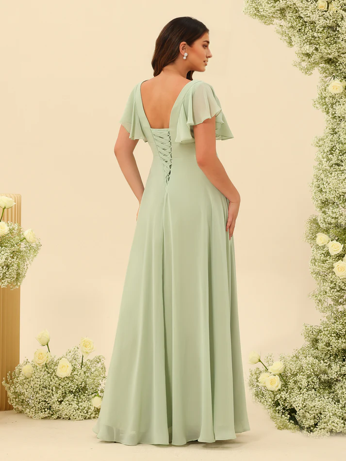 Chiffon Ruffle V-neck Short sleeved Bridesmaid Dress