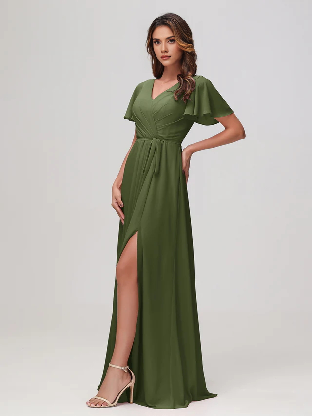 Chiffon Short-Sleeve V-Neck Ruched Bodice High-Slit A-Line Floor-Length Bridesmaid Dresses