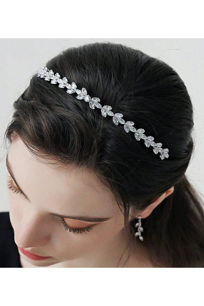 Silver Crystal Leaf Bridal Headband Thin Rhinestone Wedding Headpiece