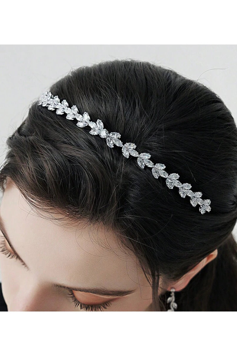 Silver Crystal Leaf Bridal Headband Thin Rhinestone Wedding Headpiece