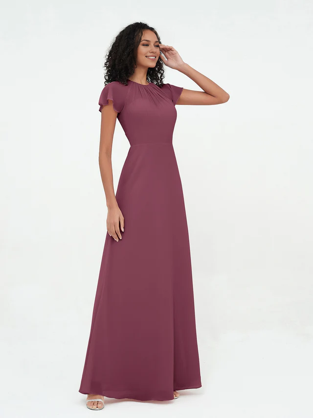 Chiffon Short-Sleeve Round Neck Ruched Bodice A-Line Floor-Length Bridesmaid Dresses