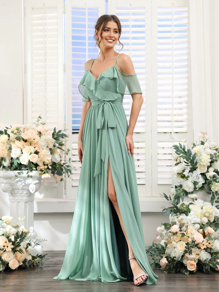 Chiffon Off-the-Shoulder Short-Sleeve Ruched Bodice High-Slit A-Line Floor-Length Elegant Bridesmaid Dress