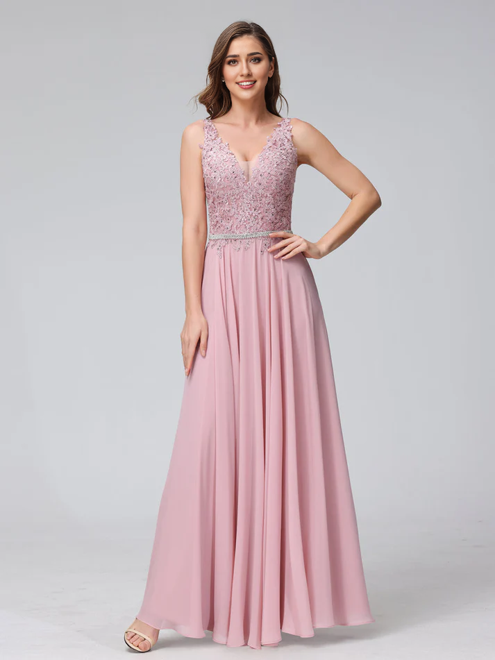 Chiffon Spaghetti-Strap V-Neck Embellished Bodice A-Line Floor-Length Elegant Bridesmaid Dress
