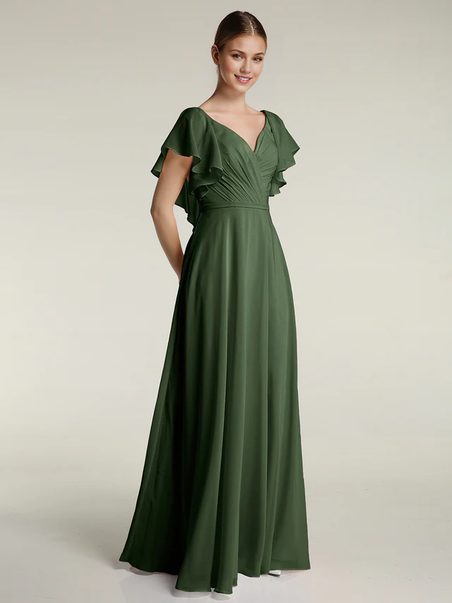 Chiffon Flutter-Sleeve V-Neck Ruched Bodice A-Line Floor-Length Bridesmaid Dresses