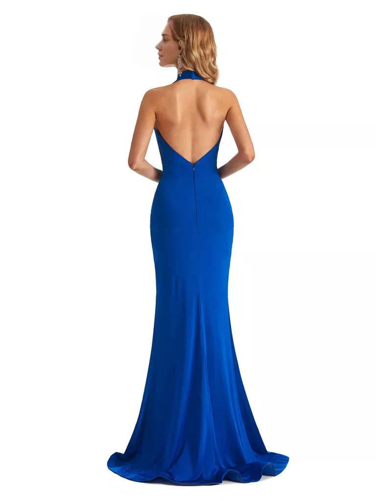 Sexy Mermaid Halter V-neck halter Side Slit  Jersey Long Formal Bridesmaid Dresses