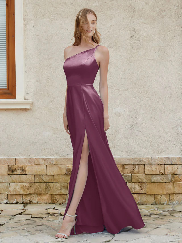 Satin One-Shoulder Ruched Bodice Pocketed High-Slit A-Line Floor-Length Bridesmaid Dresses
