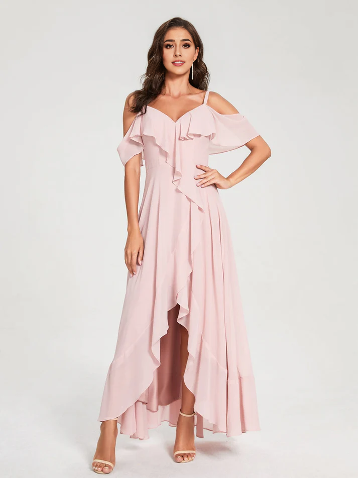 Chiffon Cold-Shoulder Spaghetti-Strap High-Slit Asymmetrical Floor-Length Stylish Bridesmaid Dress