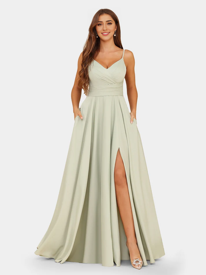 Satin Spaghetti-Strap Sweetheart Neckline Ruched Bodice High-Slit A-Line Floor-Length Chic Bridesmaid Dress