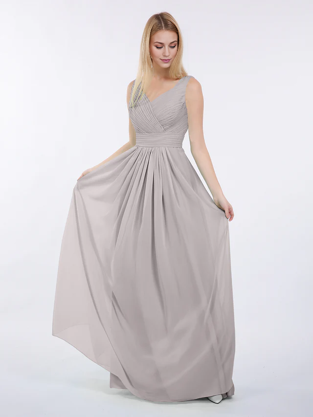 Chiffon Spaghetti-Strap V-Neck Ruched Bodice A-Line Floor-Length Bridesmaid Dresses