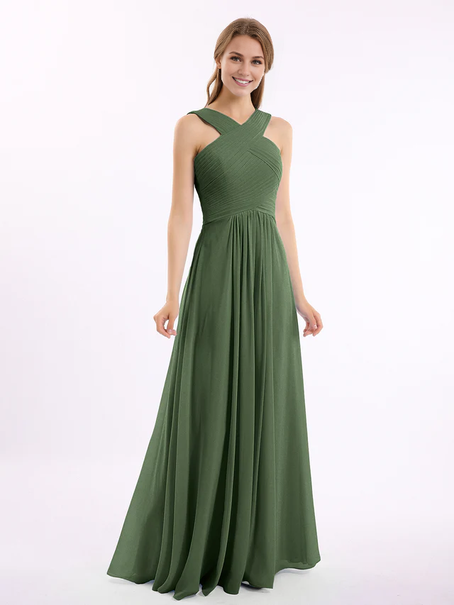 Chiffon Cross-Back Sleeveless Ruched Bodice A-Line Floor-Length Bridesmaid Dresses
