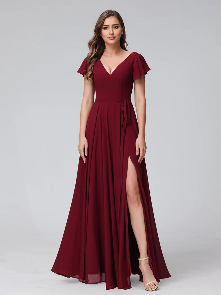 Satin Short-Sleeve V-Neck Ruched Bodice High-Slit A-Line Floor-Length Burgundy Romantic Bridesmaid Dress