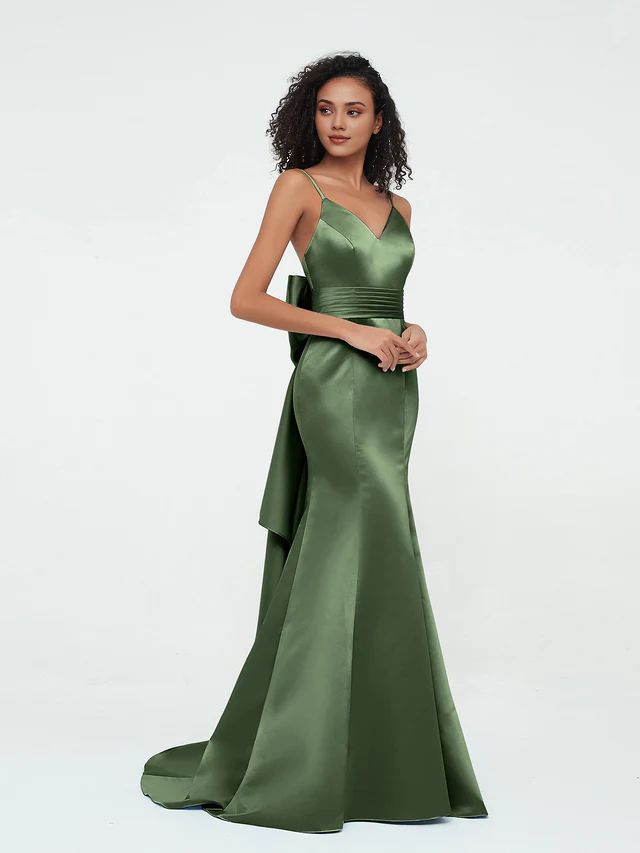 Satin Spaghetti-Strap Deep V-Neck Back Bow Detail A-Line Floor-Length Bridesmaid Dresses