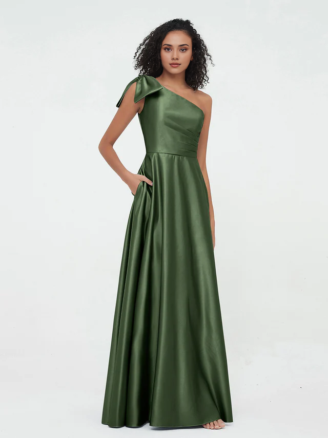 Elegant Satin A-Line One Shoulder Bow Back Maxi Bridesmaid Dress